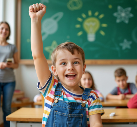 smiling boy raising hand in classroom with classmates and teacher in background celebrating learning and education 3 ways to engage