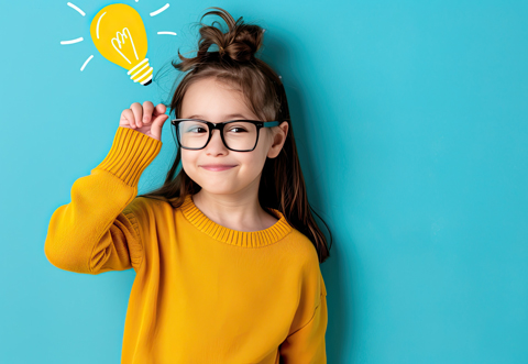 young girl in yellow sweater with glasses smiling and having an idea represented by a light bulb surrounded by a blue background 7 creative concepts 7 bright ideas 7 colorful moments