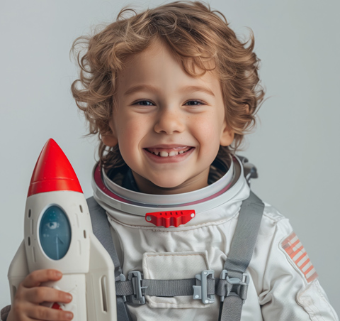 smiling child in astronaut suit holding toy rocket exploring space dreams